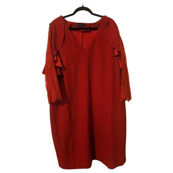 ELOQUII Red Lace Sleeve Ruffle Accent Shift Dress - Size 18 - Picture 4 of 11